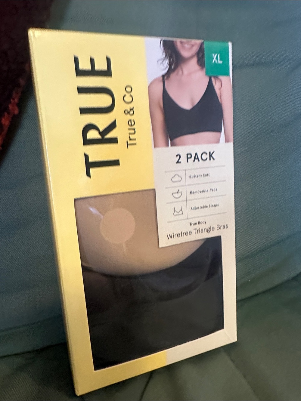 True & Co. 2-Pack Wirefree Triangle Bras in Black & Nude NIB XL